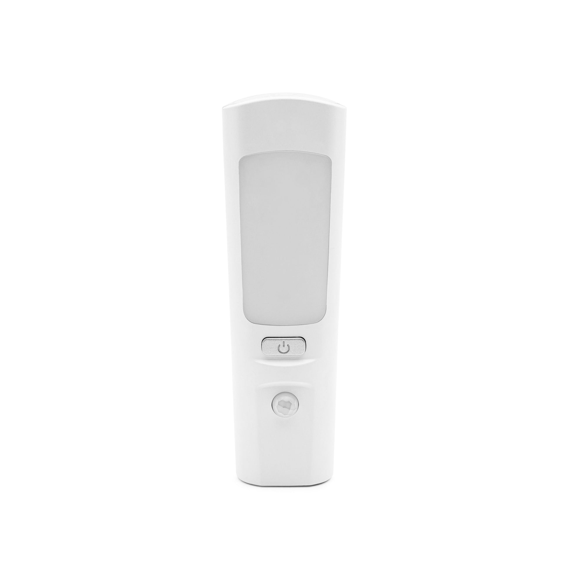 Luxorparts genopladelig lommelygte og natlampe, hvid, rektangulær med stort frontpanel, powerknap og lille sensor.