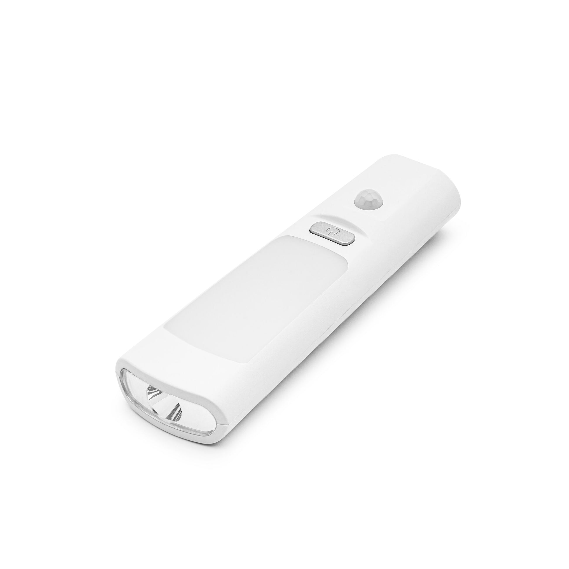 Luxorparts genopladelig hvid lommelygte og natlampe, rektangulær med knap og sensorlys på toppen samt lys i den ene ende.