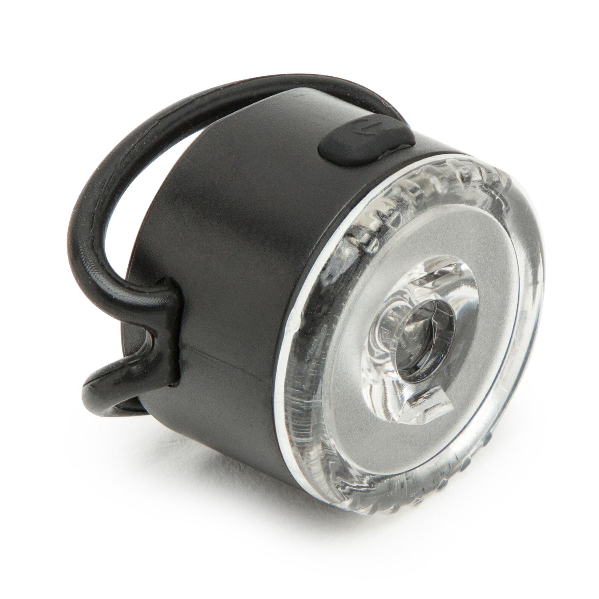 Ledsavers Cykellygter lille rund sort og klar LED cykellygte med transparent frontglas og fleksibel sort rem.