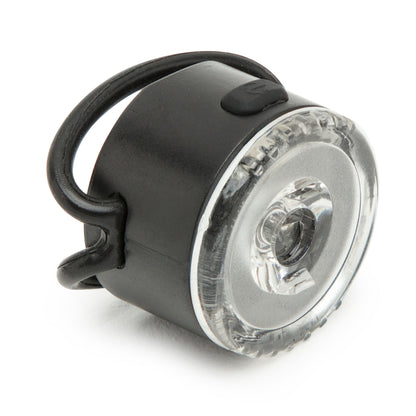 Ledsavers Cykellygter lille rund sort og klar LED cykellygte med transparent frontglas og fleksibel sort rem.