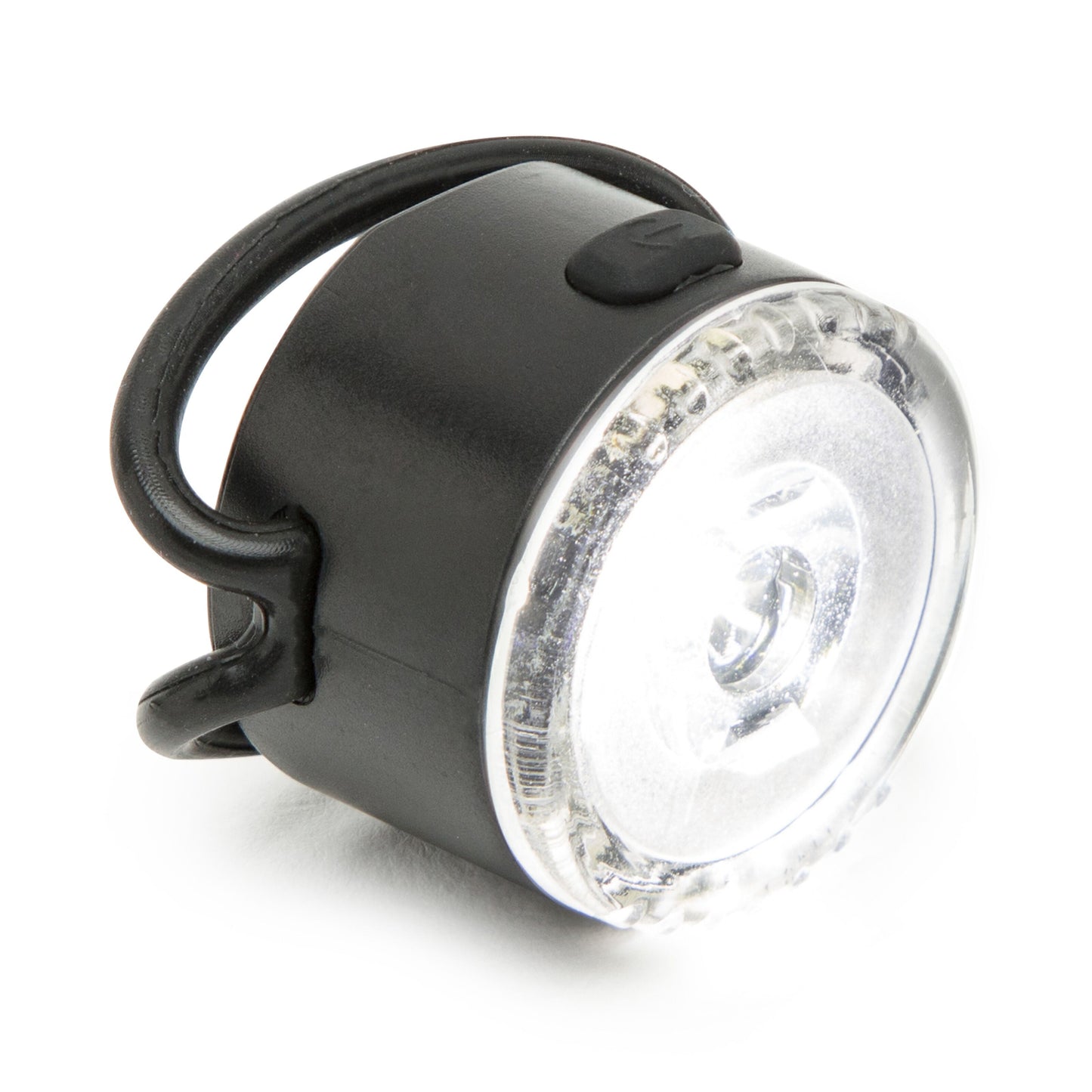 Ledsavers Cykellygte, lille rund LED cykellygte i sort/klar, fleksibel gummistrop, transparent front, batteridrevet.