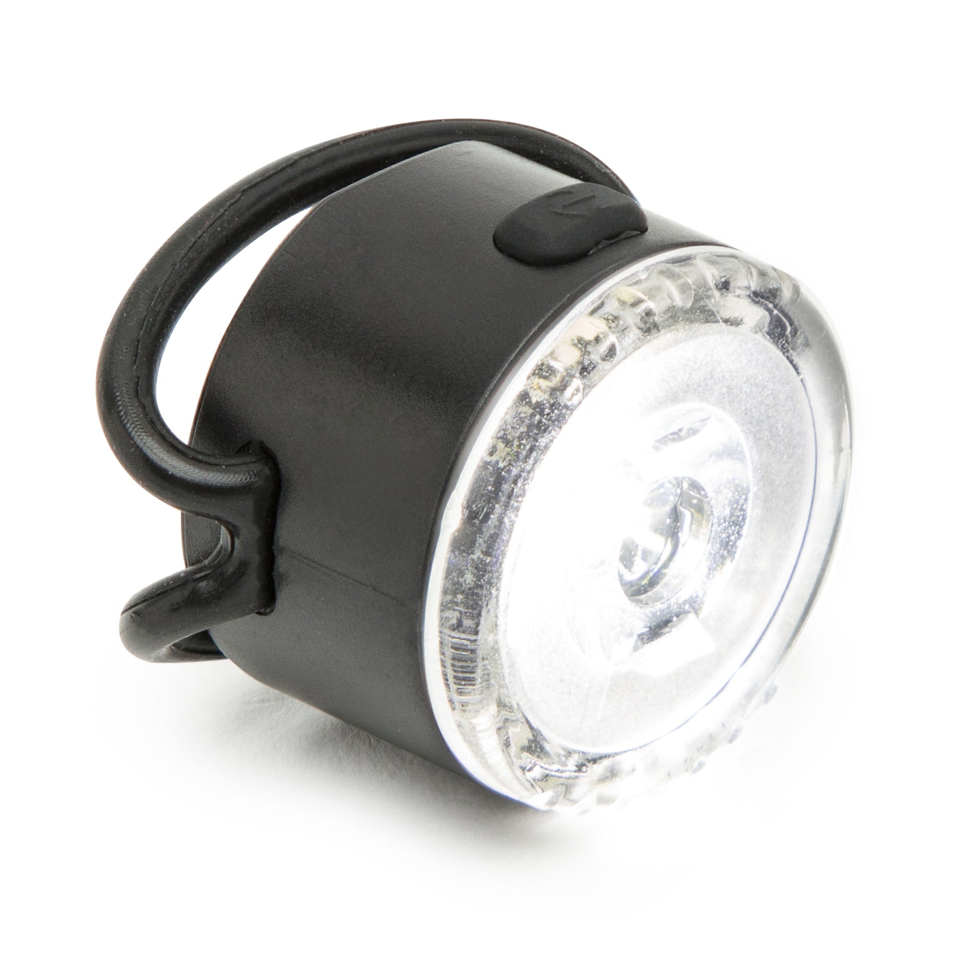 Ledsavers Cykellygte, lille rund LED cykellygte i sort/klar, fleksibel gummistrop, transparent front, batteridrevet.