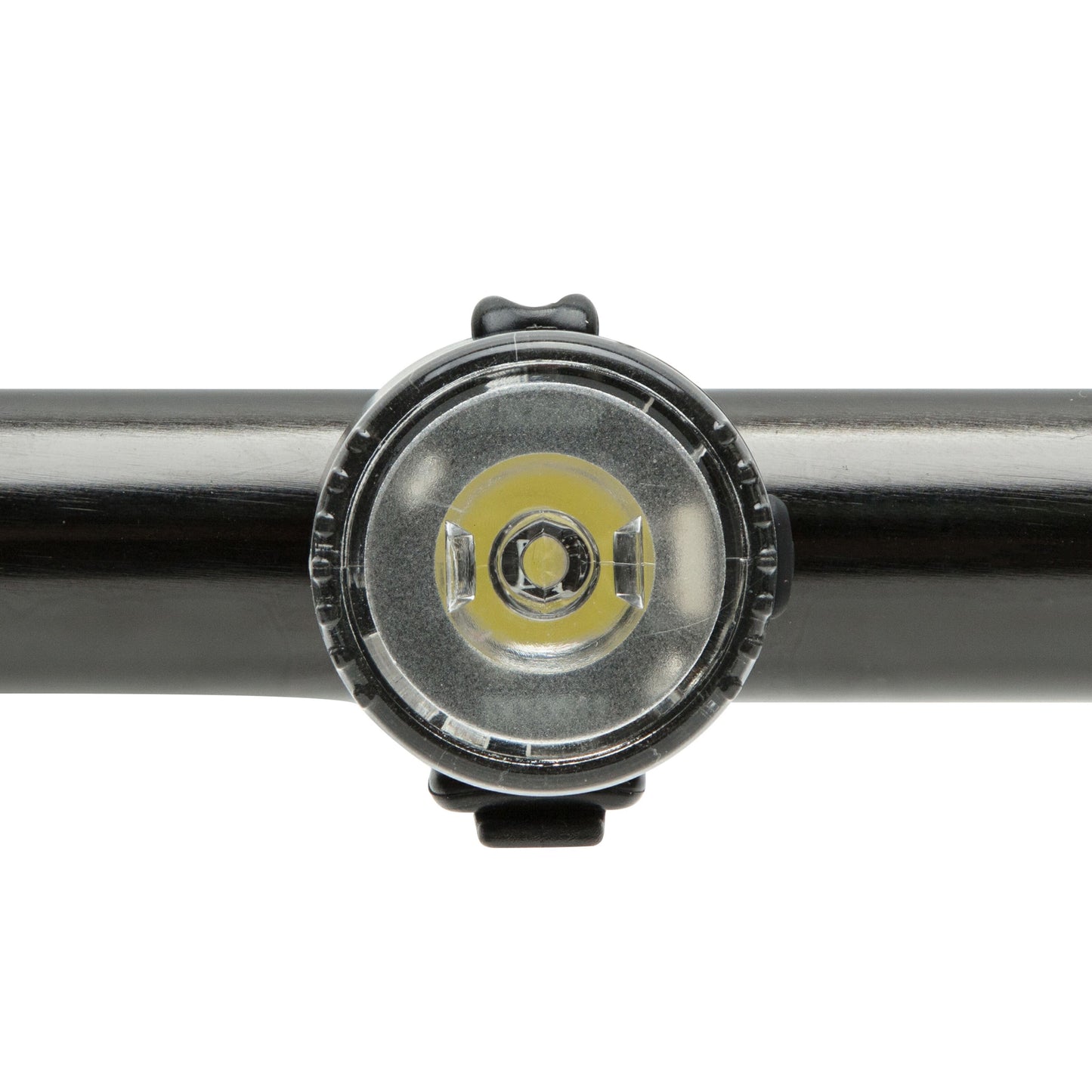 Ledsavers Cykellygter rund forlygte monteret på sort cykelstyr set forfra.