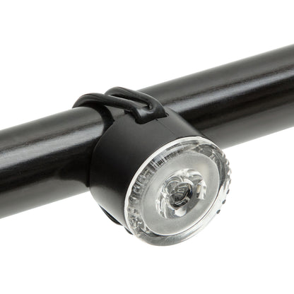 Ledsavers cykellygte i sort med klart linse, monteret på styr med gummirem, LED belysning.