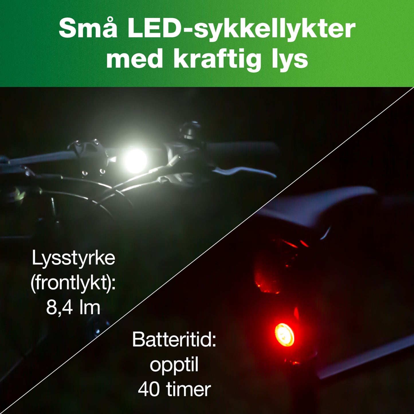 Ledsavers cykellygter på cykel, hvid forlygte og rød baglygte, 8,4 lumen, op til 40h batteri, universalbeslag.