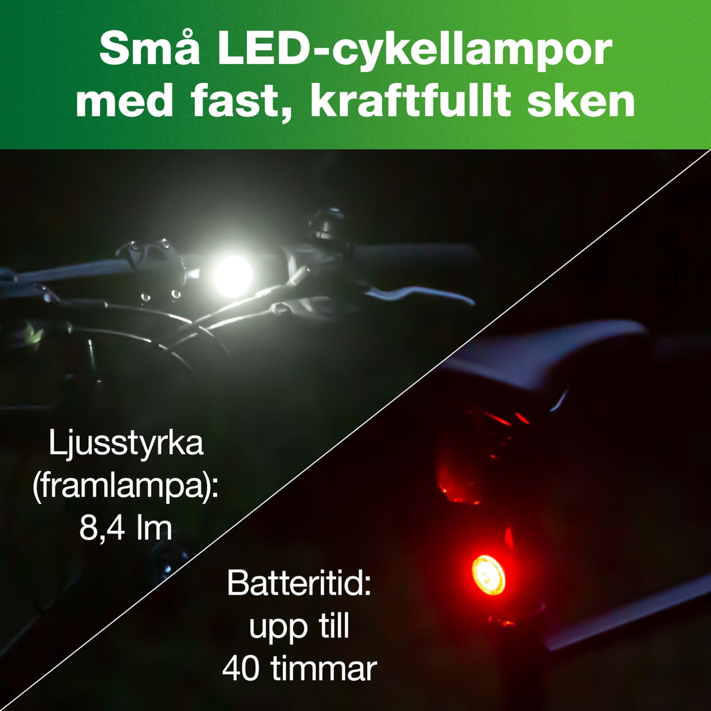 Ledsavers Cykellygtesæt med hvid front-LED, rød bag-LED, 8,4 lumen, op til 40 t batteritid, faste lyskegler.