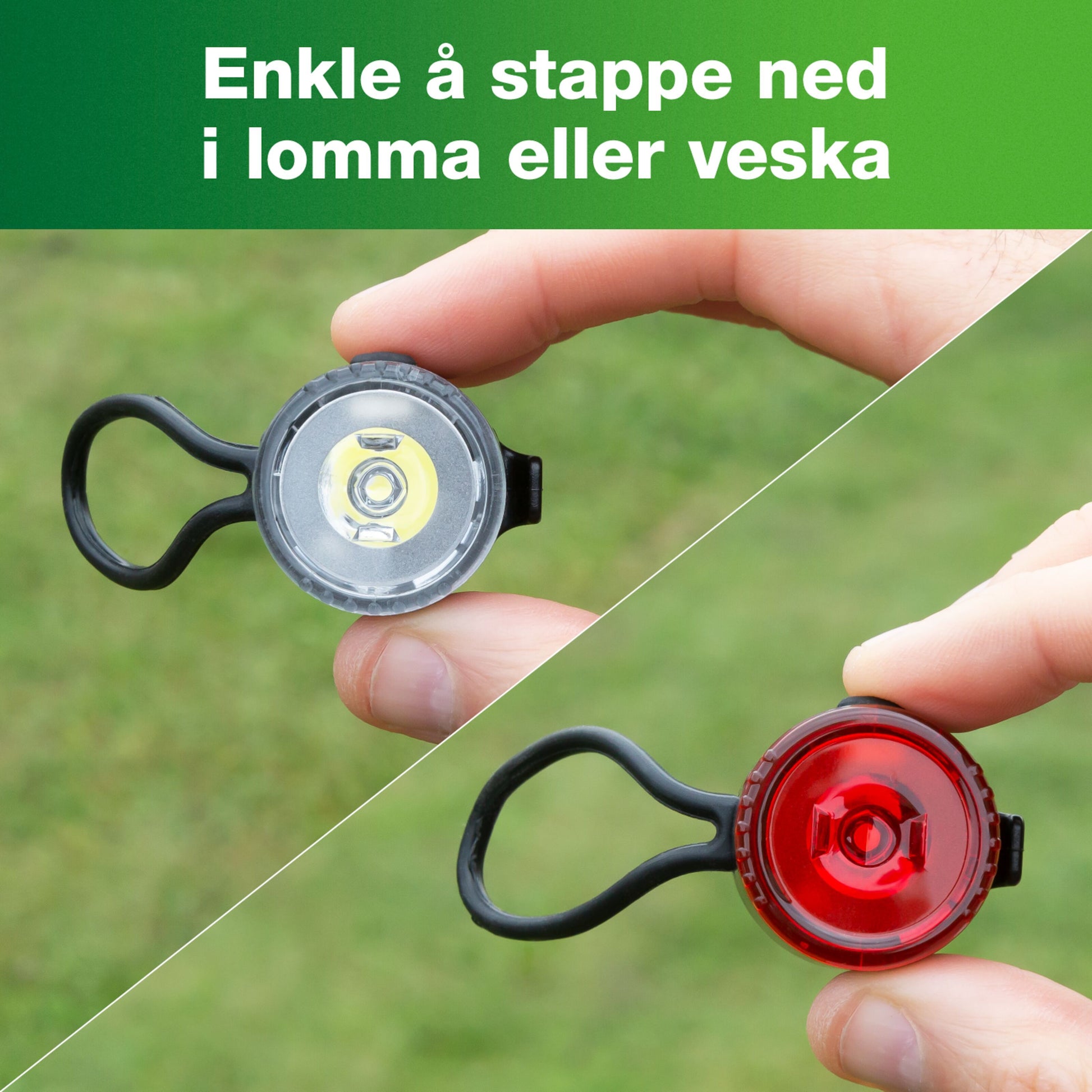 Ledsavers Cykellygter cykellygter med strop, én hvid og én rød, norsk tekst om lomme- eller veskestørrelse vises ovenfor.