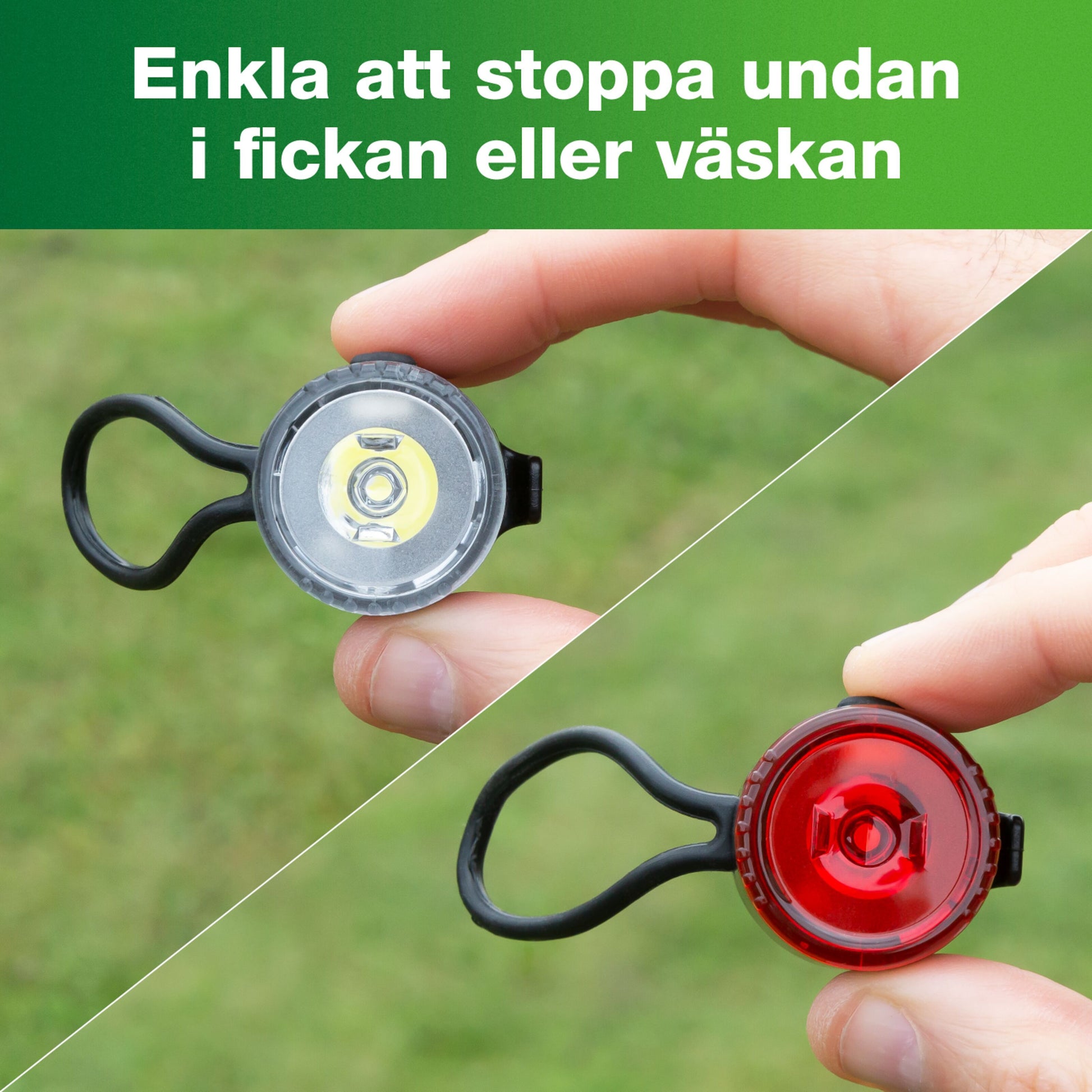 Ledsavers LED-cykellygter, hvid forlygte og rød baglygte med gummibeslag, kompakt størrelse, inkl. batterier.