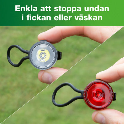 Ledsavers LED-cykellygter, hvid forlygte og rød baglygte med gummibeslag, kompakt størrelse, inkl. batterier.
