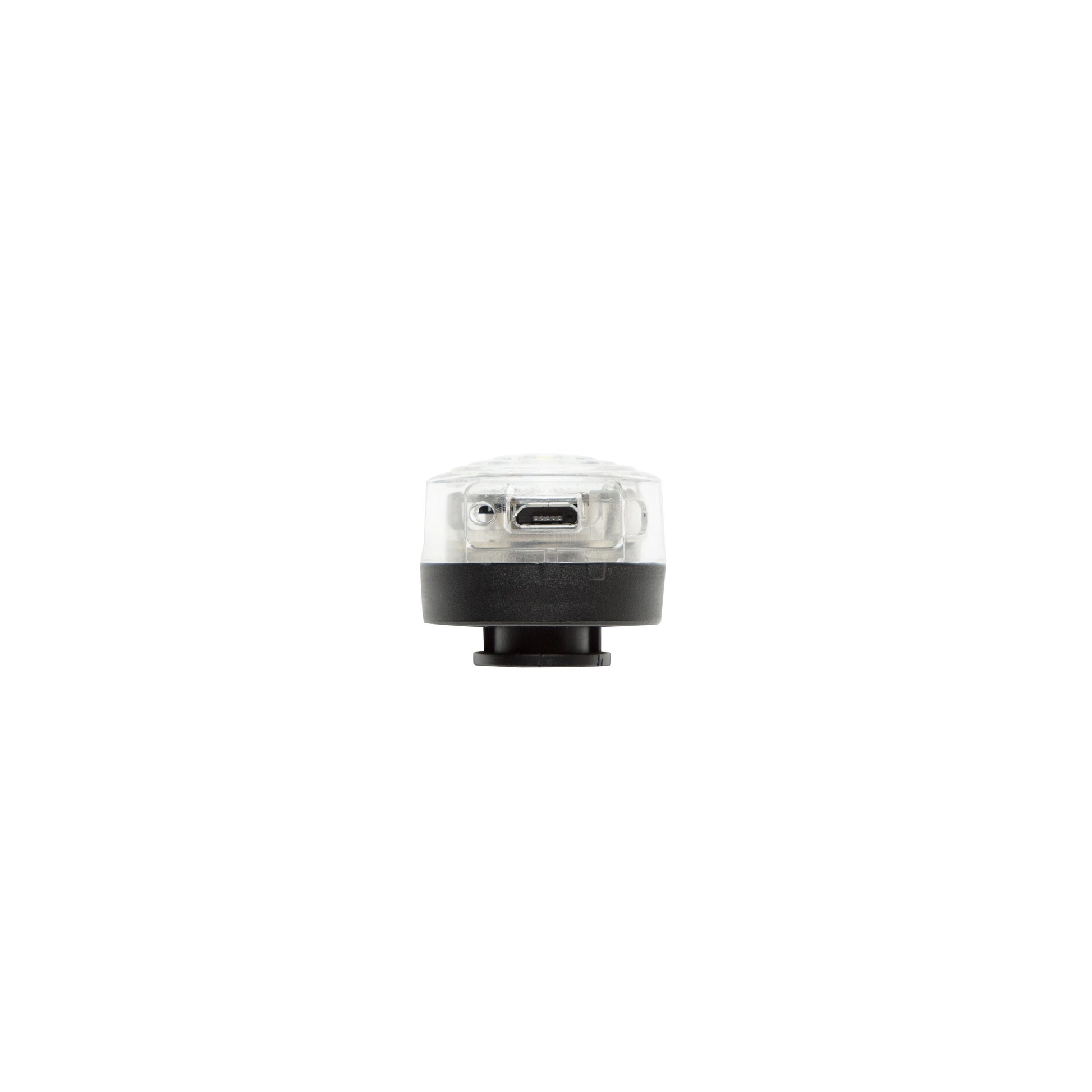 Ledsavers Luxorparts genopladelig cykellygte, cylinderformet, gennemsigtig top, sorteringsbundt, central mikro-USB-port.