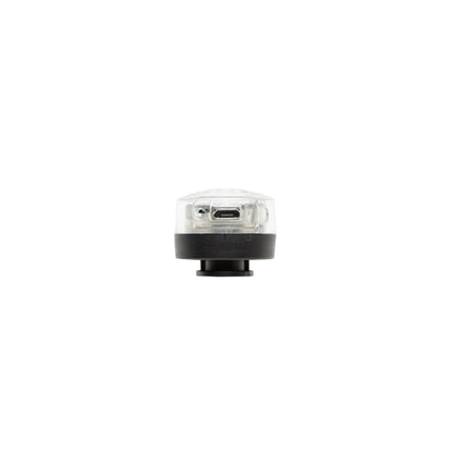 Ledsavers Luxorparts genopladelig cykellygte, cylinderformet, gennemsigtig top, sorteringsbundt, central mikro-USB-port.