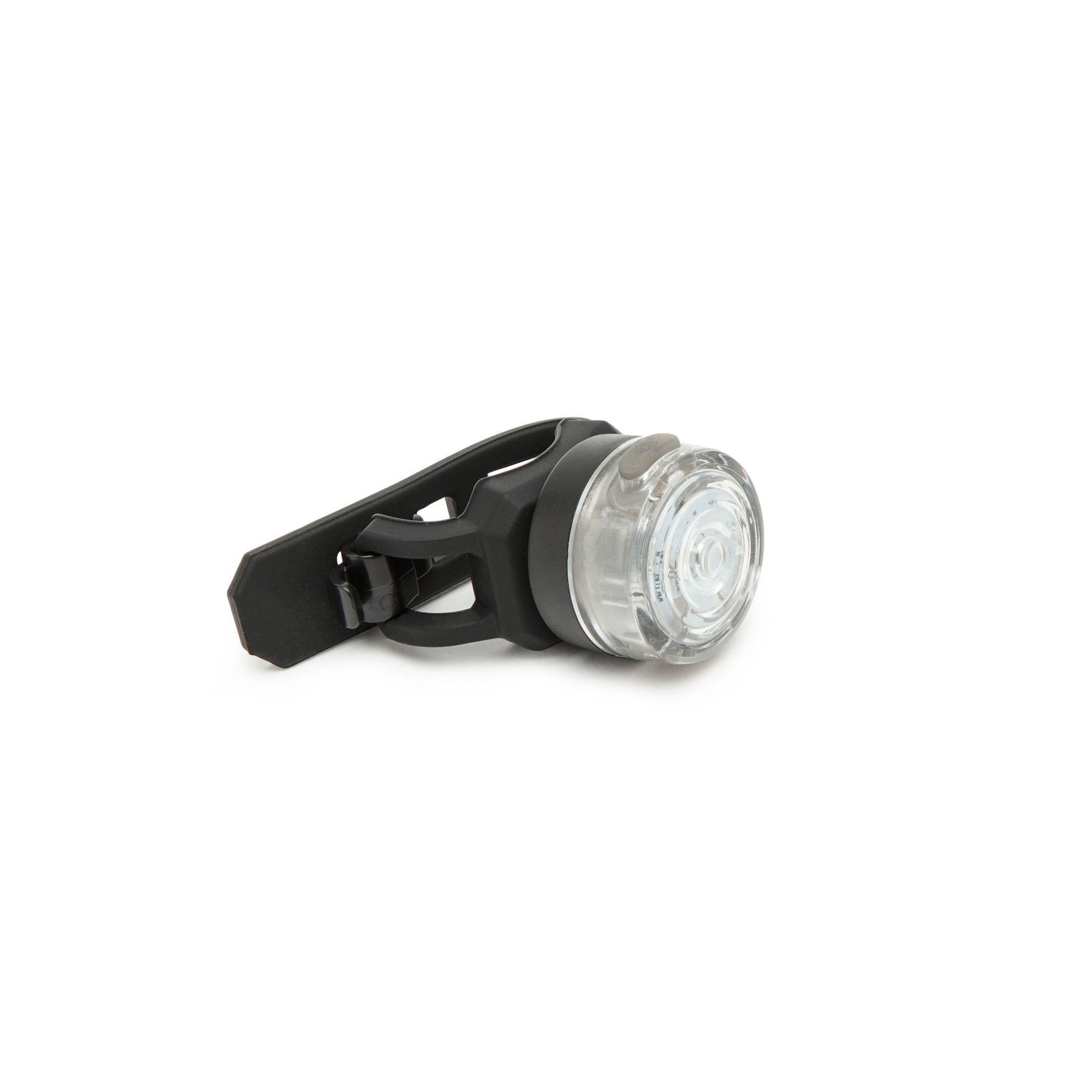 Genopladelige cykellygter, runde LED, klar linse, sort gummirem, USB-opladning.