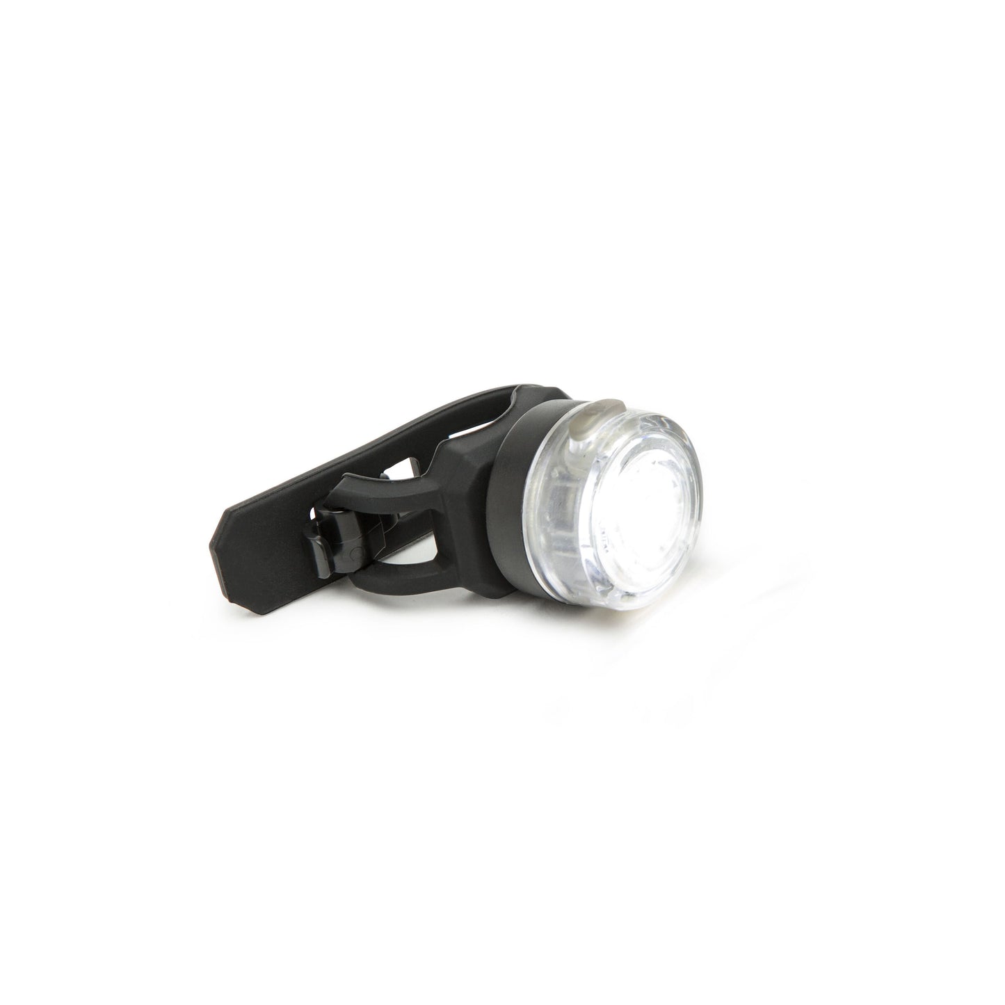 Luxorparts genopladelig rund LED cykellygte med sort fleksibel silikonestrop til styr eller sadel, USB-opladning.