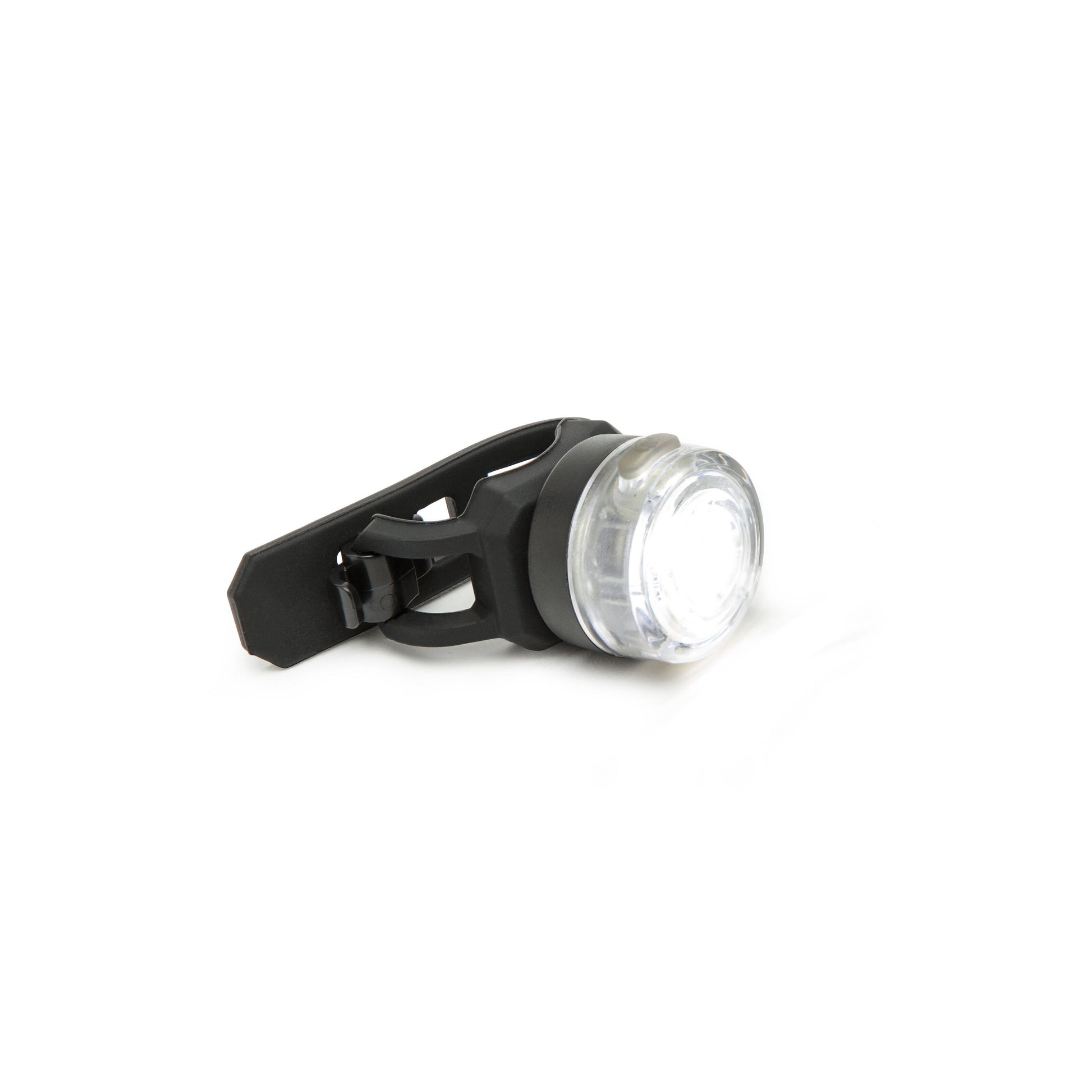 Luxorparts genopladelig rund LED cykellygte med sort fleksibel silikonestrop til styr eller sadel, USB-opladning.