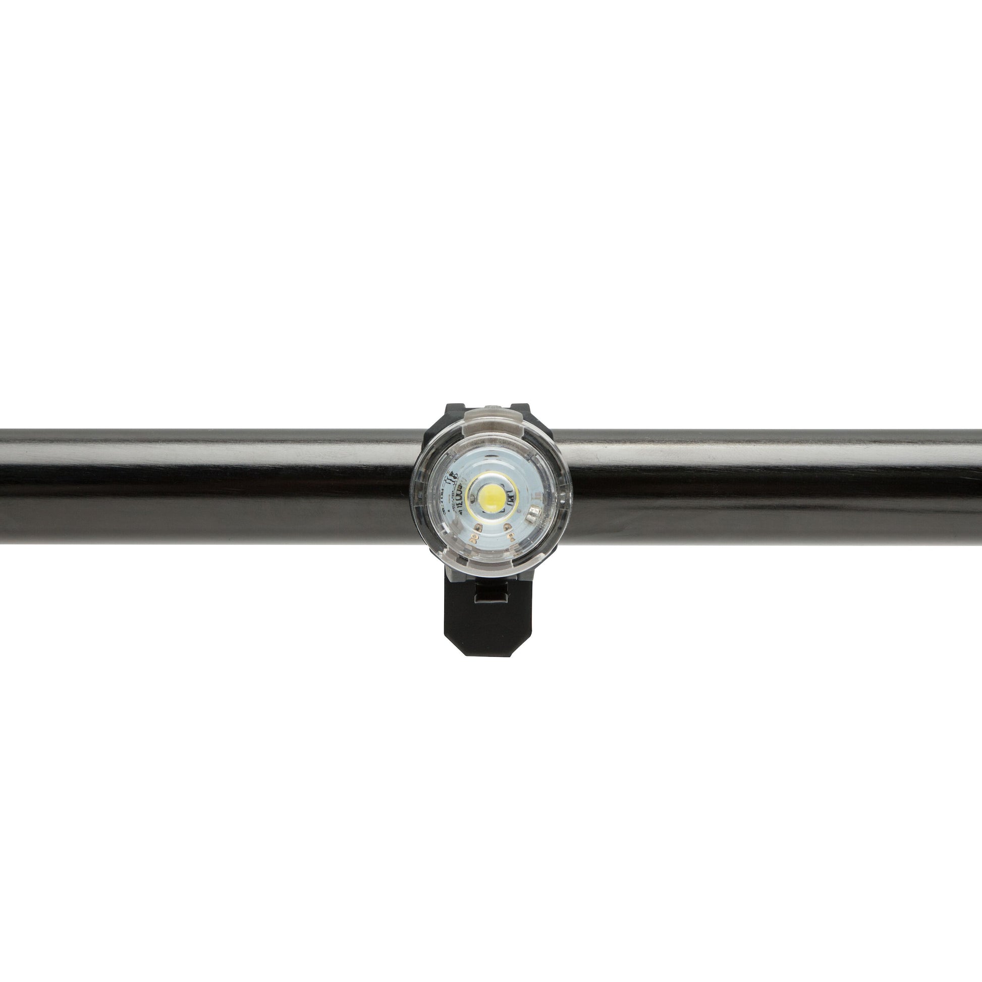 Luxorparts Genopladelige cykellygter kompakte runde LED-lygter med klare linser monteret centralt på sort styr.