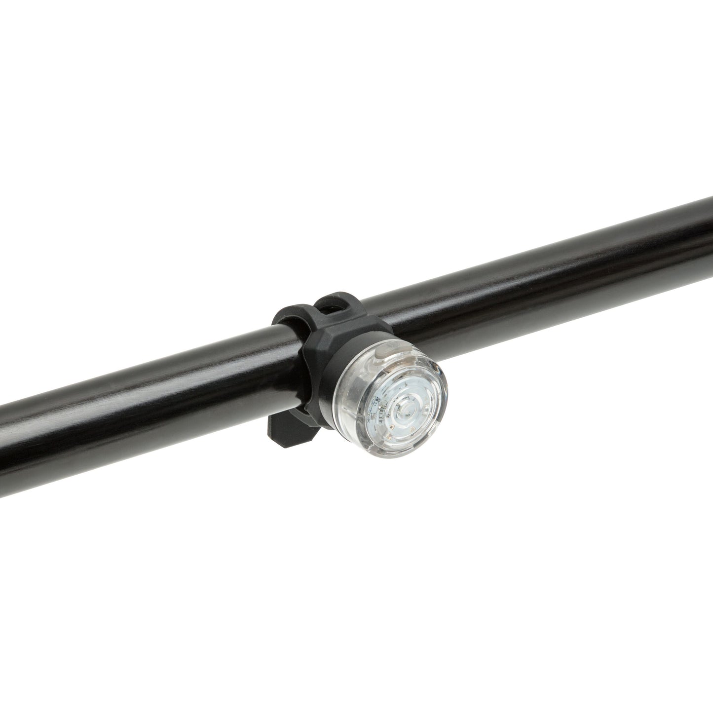 Luxorparts Genopladelige cykellygter, kompakt og rund, monteret på sort cykelstel med sort beslag.