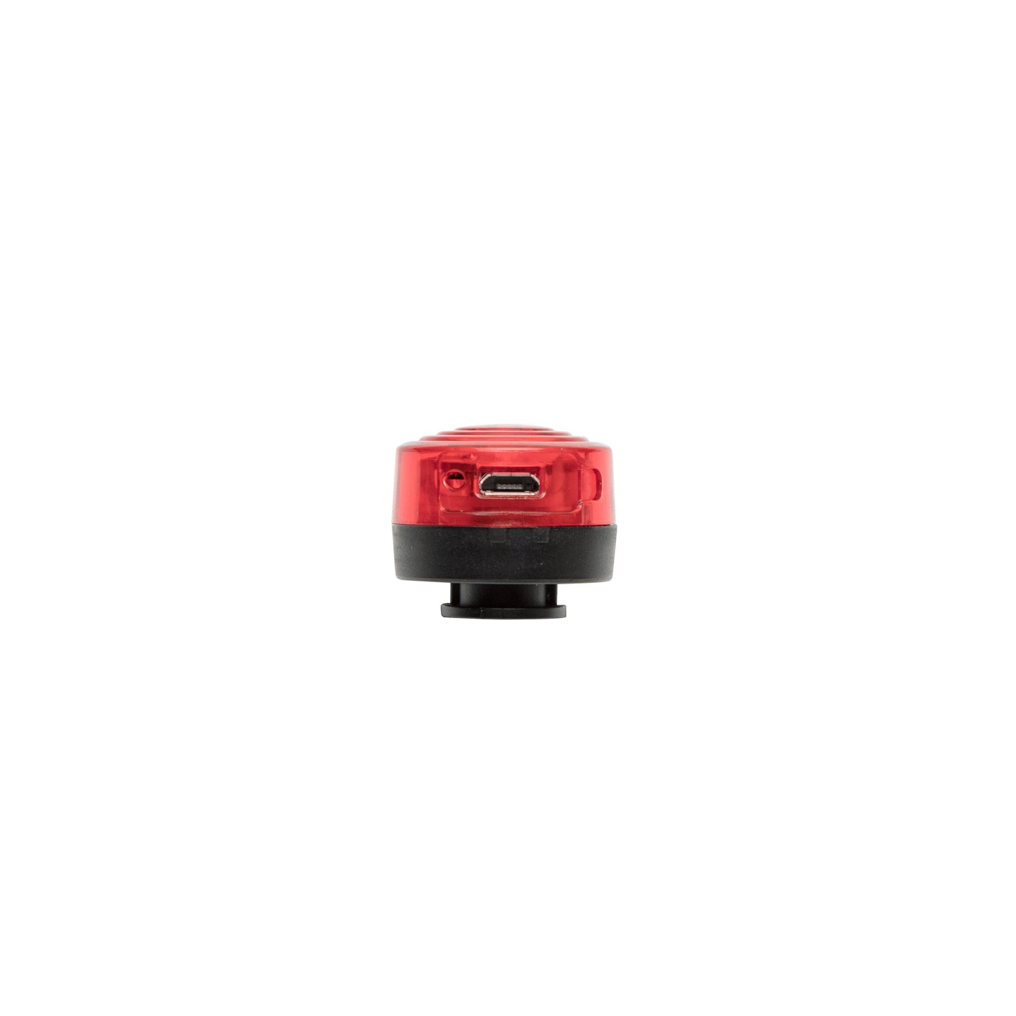 Luxorparts genopladelig cykellygte, rund LED, rød og sort, synlig front USB-port.