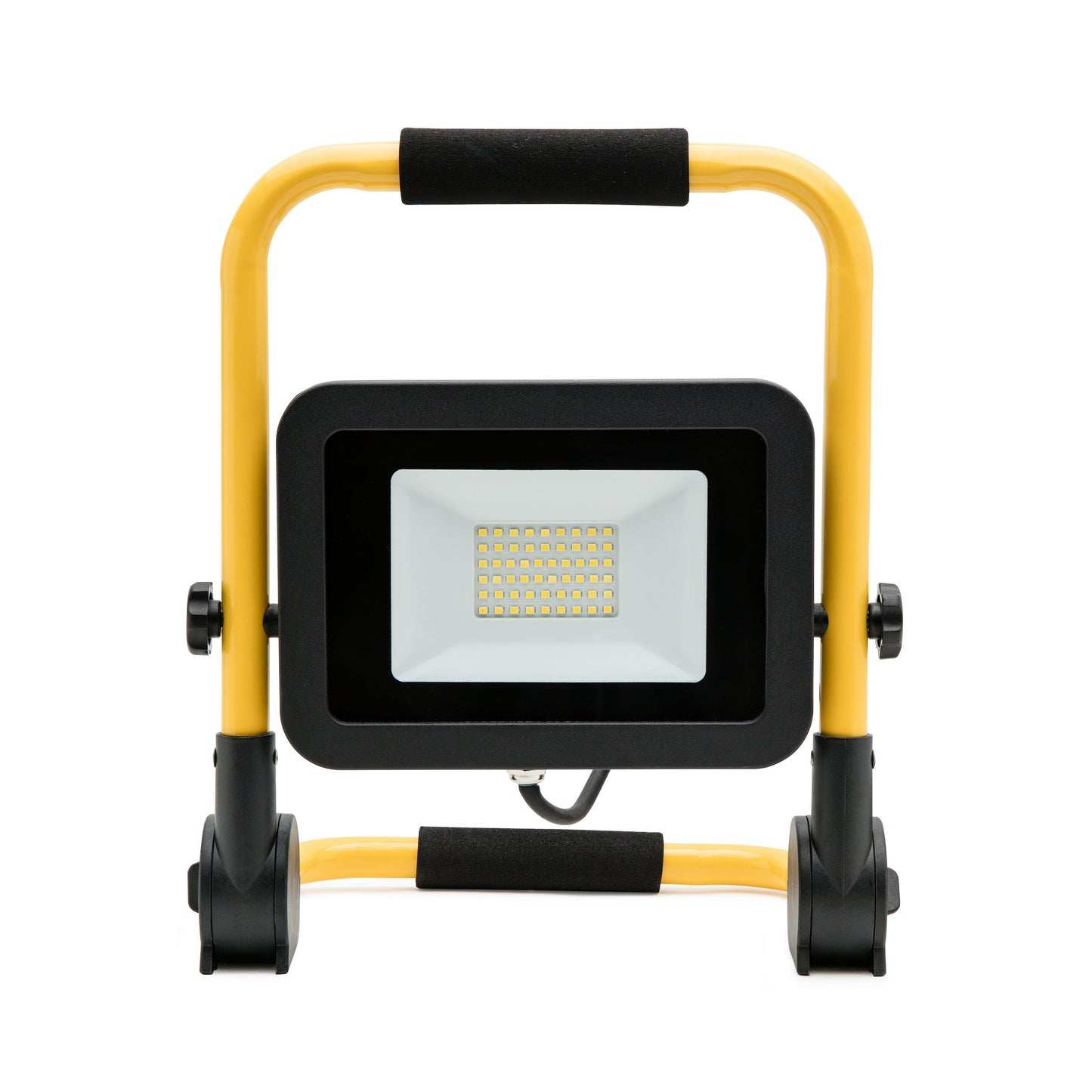 LED arbejdsbelysning 50W 4250 lm, sort rektangulært lampehoved på gul metalramme med sort håndtag og sideknapper.