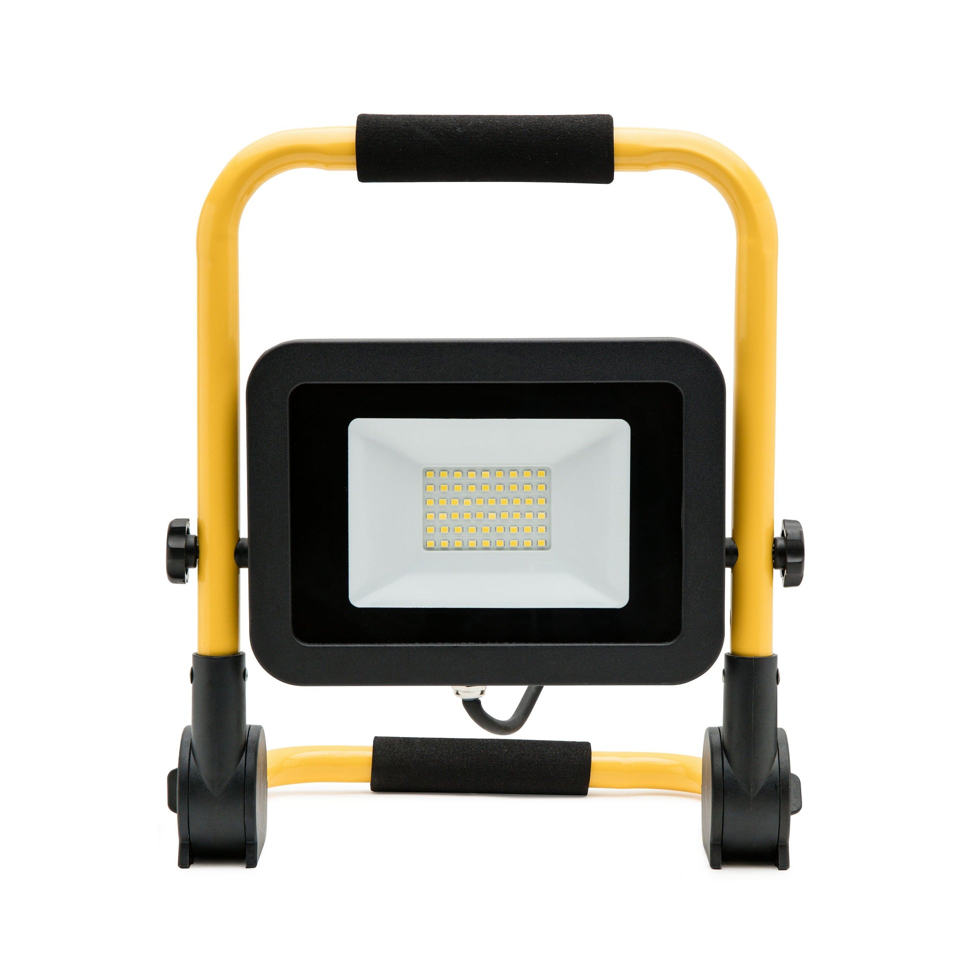 LED arbejdsbelysning 50W 4250 lm, sort rektangulært lampehoved på gul metalramme med sort håndtag og sideknapper.