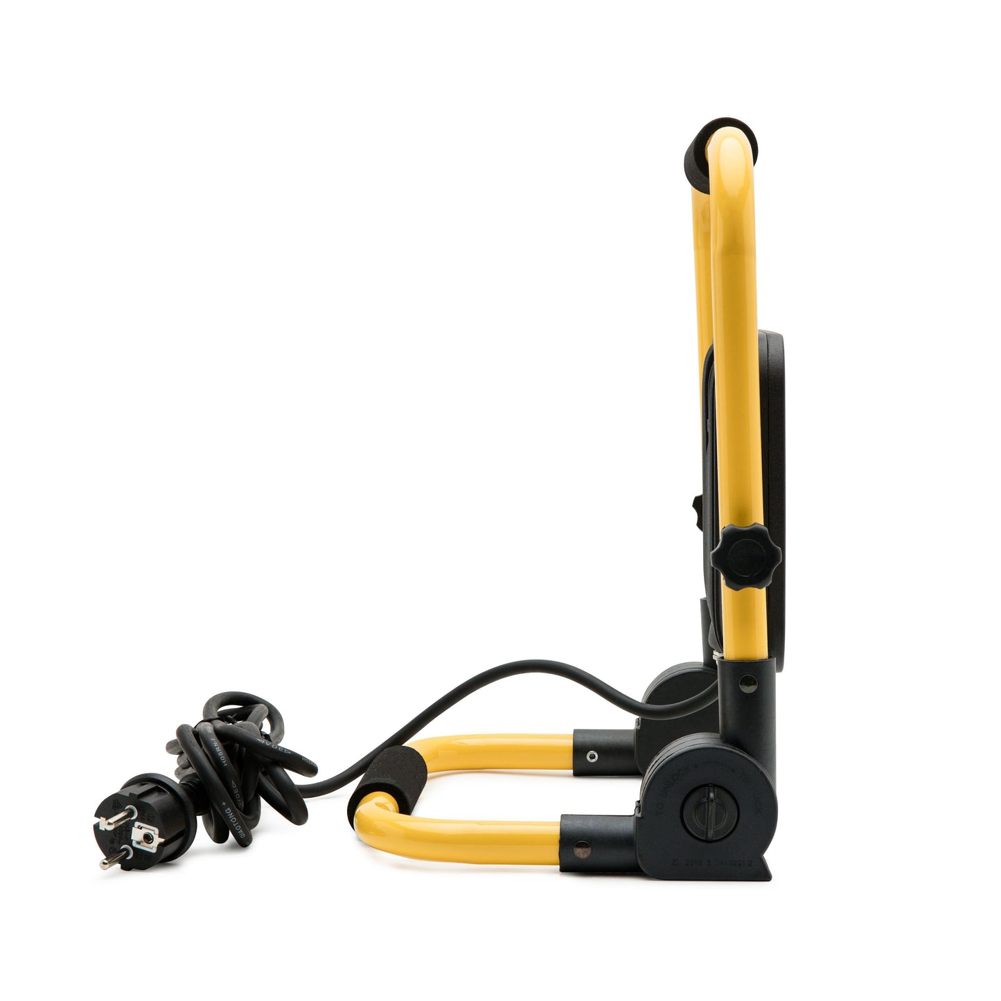 Ledsavers Arbejdsbelysning 50 W 4250 lm gul/sort, ses fra siden med ledning og stik oprullet ved basen.