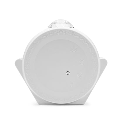 Rubicson Natlampe med stjernehimmel, hvid projektor med klar kuppel og præget power-, LED-, mikrofon- og stjernesymbol.