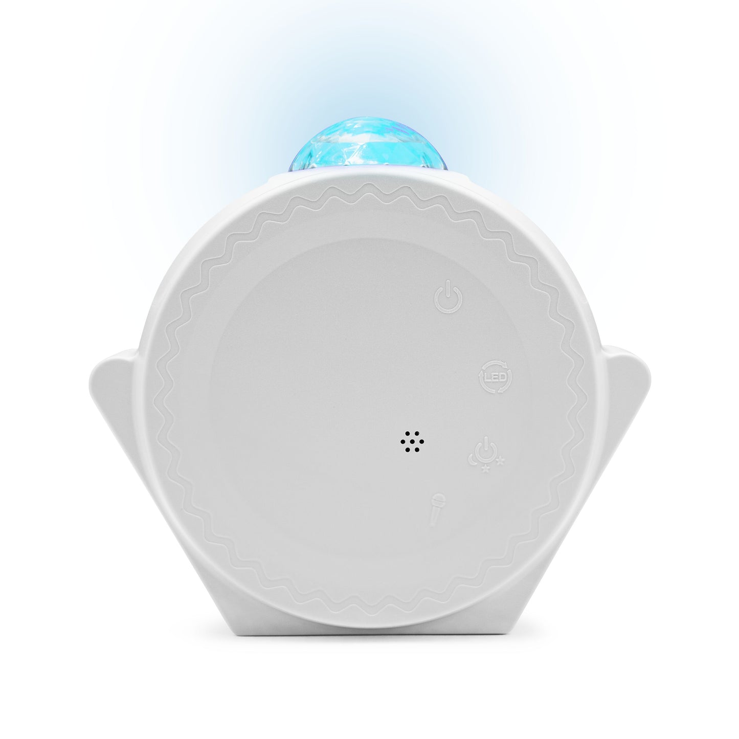 Rubicson Natlampe med stjernehimmel hvid, rund top, blå lys, frontknapper og højtalergitter.