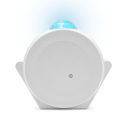Rubicson Natlampe med stjernehimmel hvid, rund top, blå lys, frontknapper og højtalergitter.