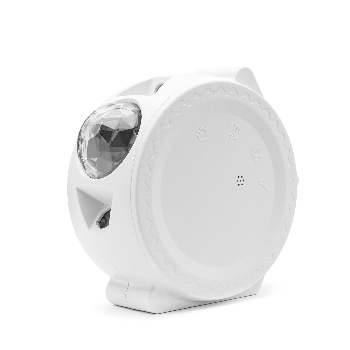 Rubicson Natlampe med stjernehimmel, hvid rund lampe med facetsleben kuppel, frontknapper og indbygget højttaler.