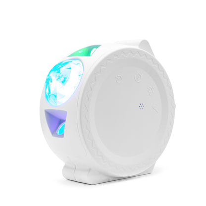 Rubicson Natlampe med stjernehimmel, hvid og rund med facetfront lyser blåt/grønt, touchknapper på siden.