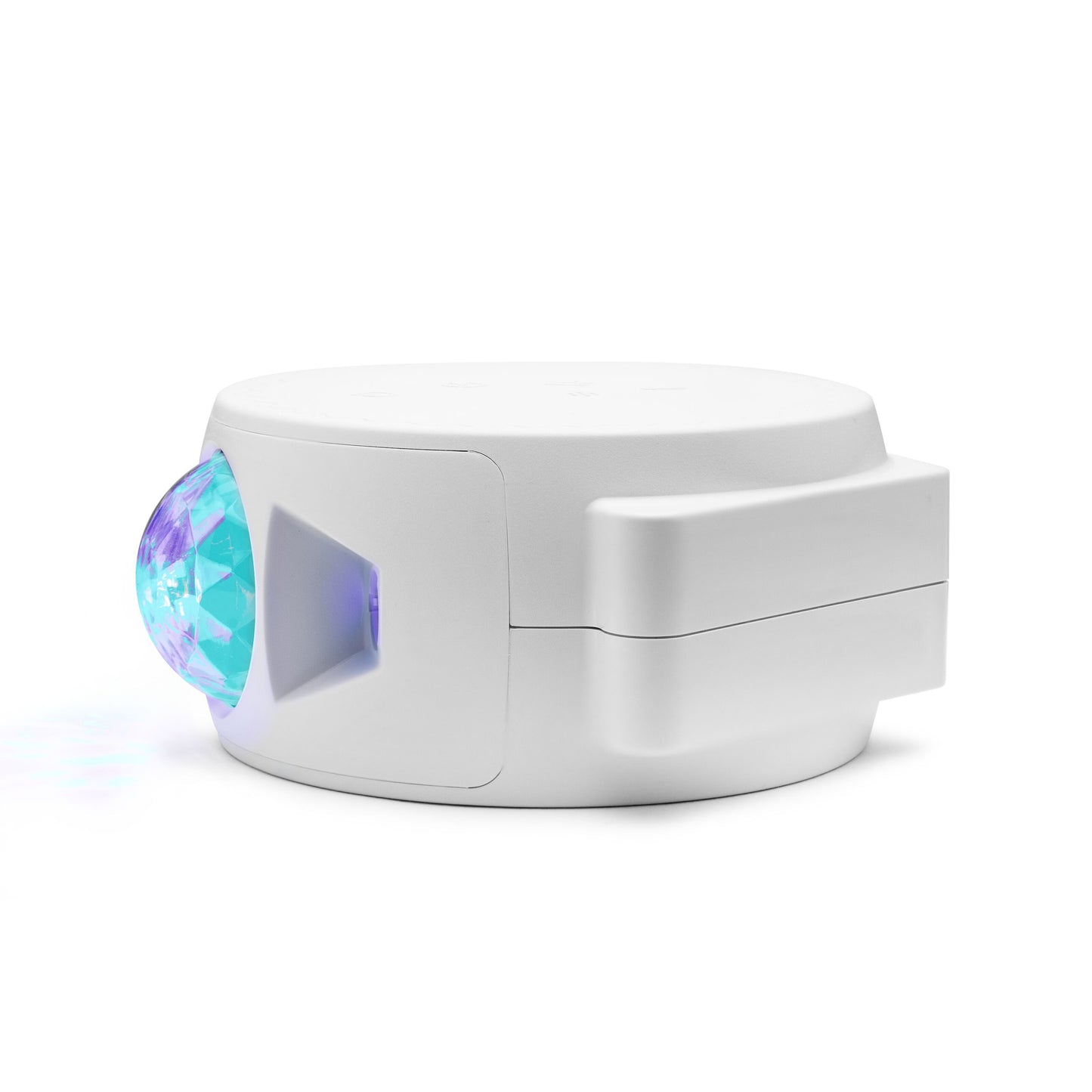 Rubicson Natlampe med stjernehimmel, hvid cylinder, facetkuppel, blå/lilla lys, glatte kanter.