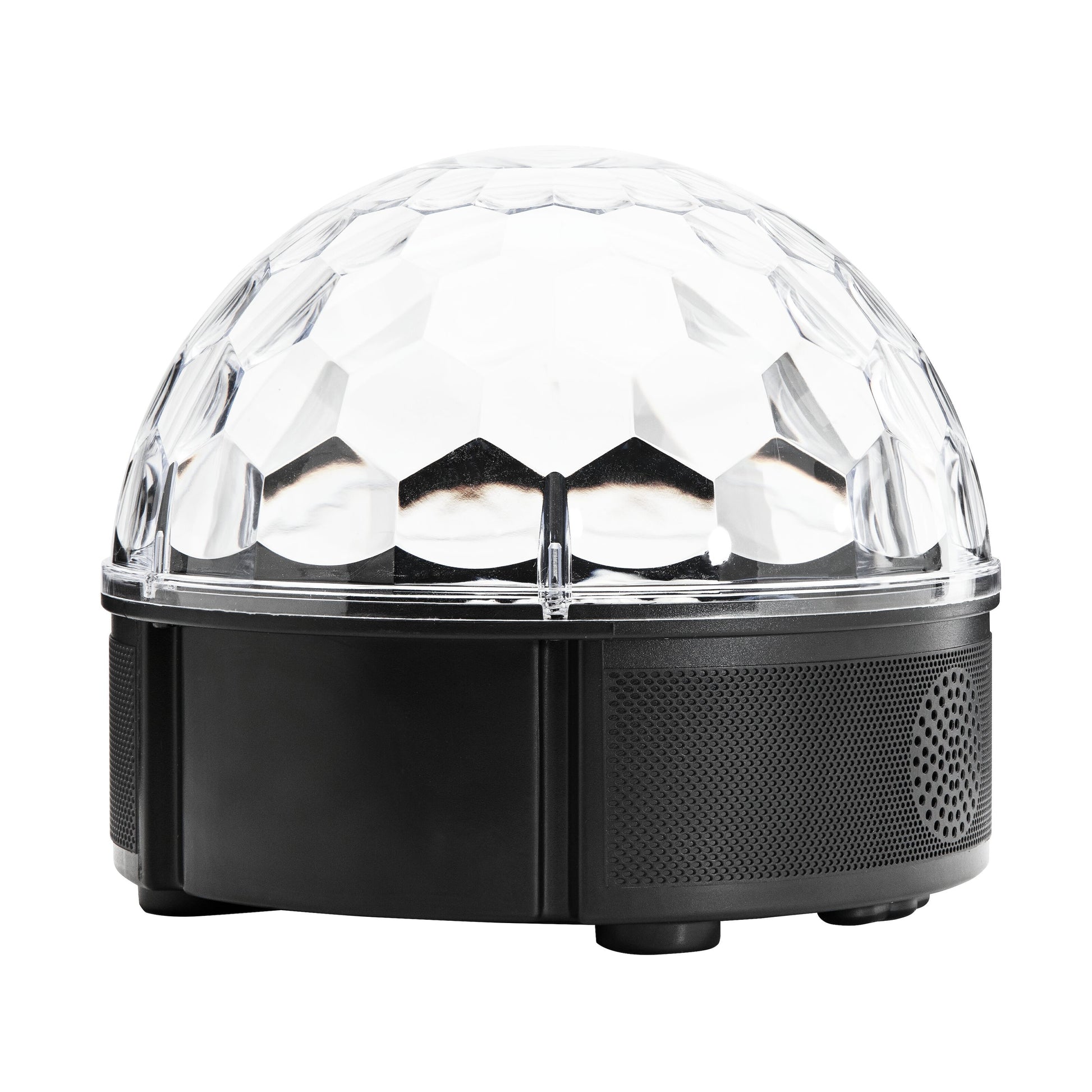 Ledsavers Diskolampe med fjernbetjening, sort og klar kuppel, facetslebet top, højttalergrill, LED lyseffekter.