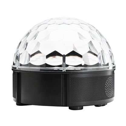 Ledsavers Diskolampe med fjernbetjening, sort og klar kuppel, facetslebet top, højttalergrill, LED lyseffekter.
