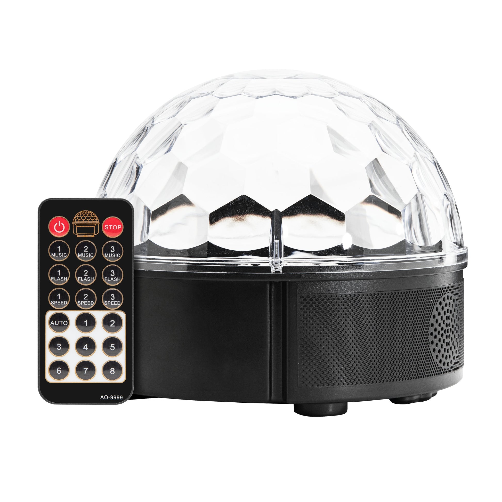 Ledsavers Diskolampe med fjernbetjening, sort design, facetslebet klar top og multi-knap fjernbetjening, LED lyseffekter.