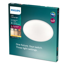 Philips Mauve Sceneswitch LED loftlampe 1500 lm rund hvid, 3-trins dæmpbar varm hvid, emballage viser lysindstillinger.