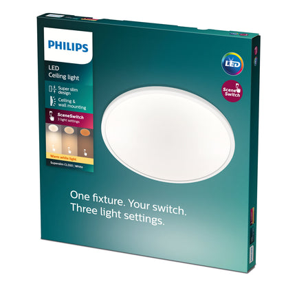 Philips Mauve Sceneswitch LED loftlampe 1500 lm rund hvid, 3-trins dæmpbar varm hvid, emballage viser lysindstillinger.