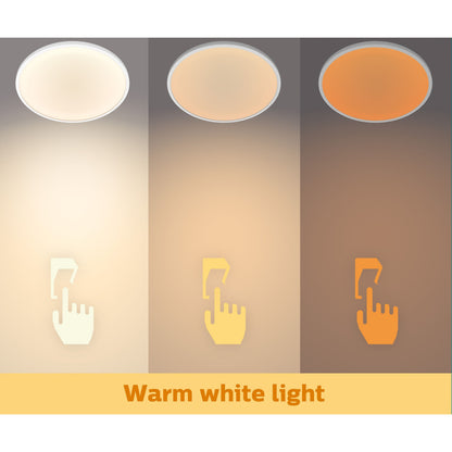 Philips Mauve Sceneswitch LED loftlampe 3-trins dæmpbar, varm hvid belysning, 1500 lm, vises med switch ikon.