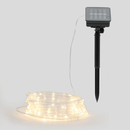 Solcelledrevet lyskæde 75 LED 7,5 m varm hvid med sort jordspyd og rektangulært solpanel coiled ledning.