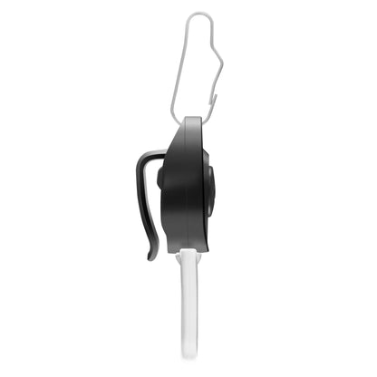 Sort trådløst Bluetooth-headset med ørekrog og hvidt gennemsigtigt øreprop, sidevisning.
