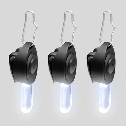 Luxorparts LED-minilampe 3-pak, hvidt lys, power-knap, metal karabinhage, stående visning.