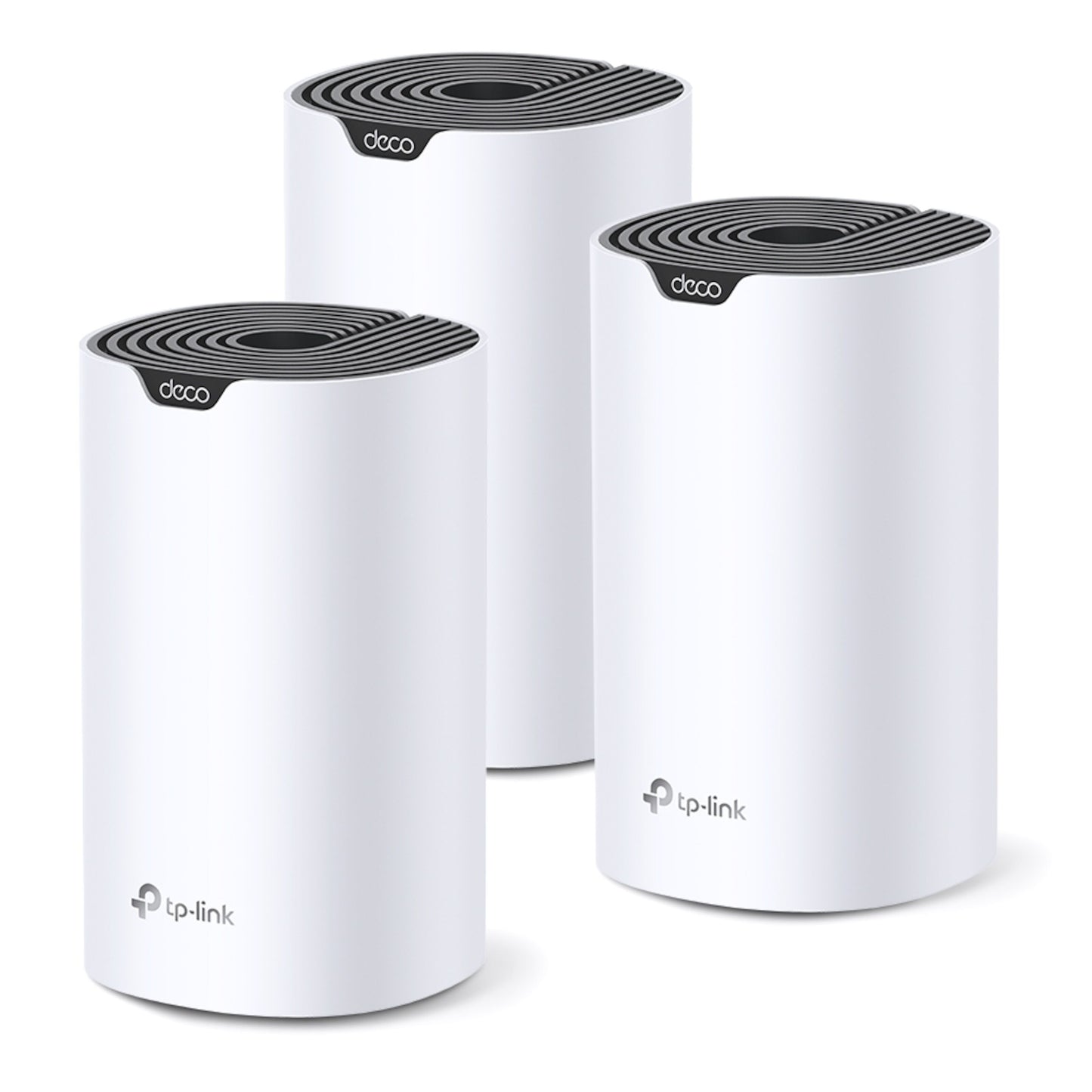 TP-Link Deco S7 Mesh-system AC1900, tre hvide cylindriske enheder med sorte toppe og synlige TP-Link-logoer.