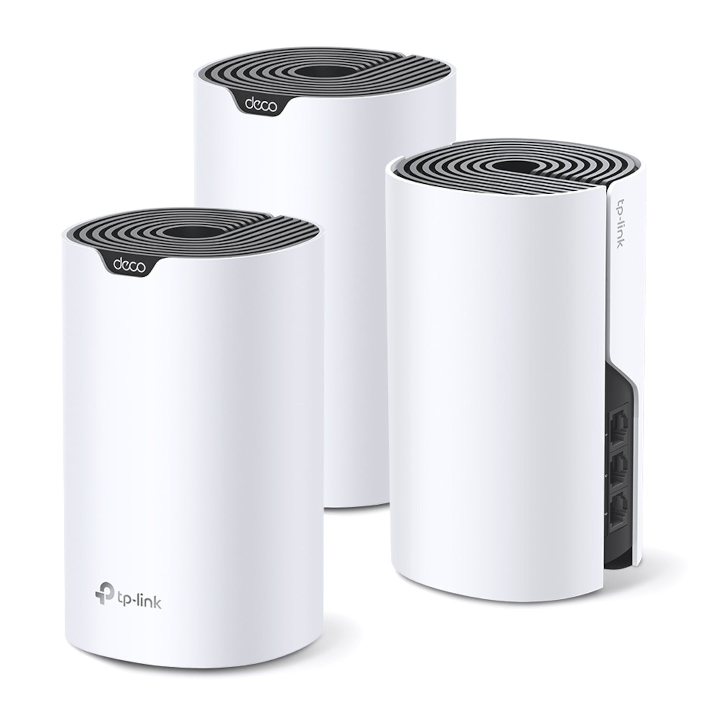 TP-Link Deco S7 mesh-router AC1900, hvid med sort top, vises fra flere vinkler, enheder med ethernetporte bagpå.