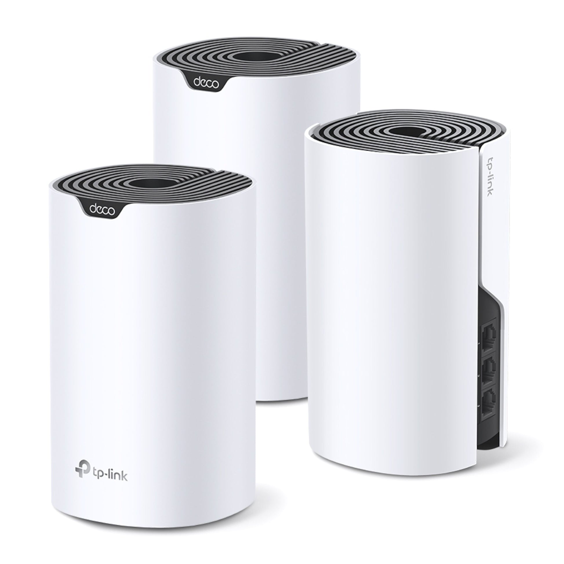 TP-Link Deco S7 mesh-router AC1900, hvid med sort top, vises fra flere vinkler, enheder med ethernetporte bagpå.