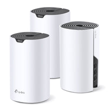 TP-Link Deco S7 mesh-router AC1900, hvid med sort top, vises fra flere vinkler, enheder med ethernetporte bagpå.