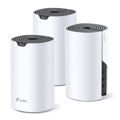 TP-Link Deco S7 mesh-router AC1900, hvid med sort top, vises fra flere vinkler, enheder med ethernetporte bagpå.