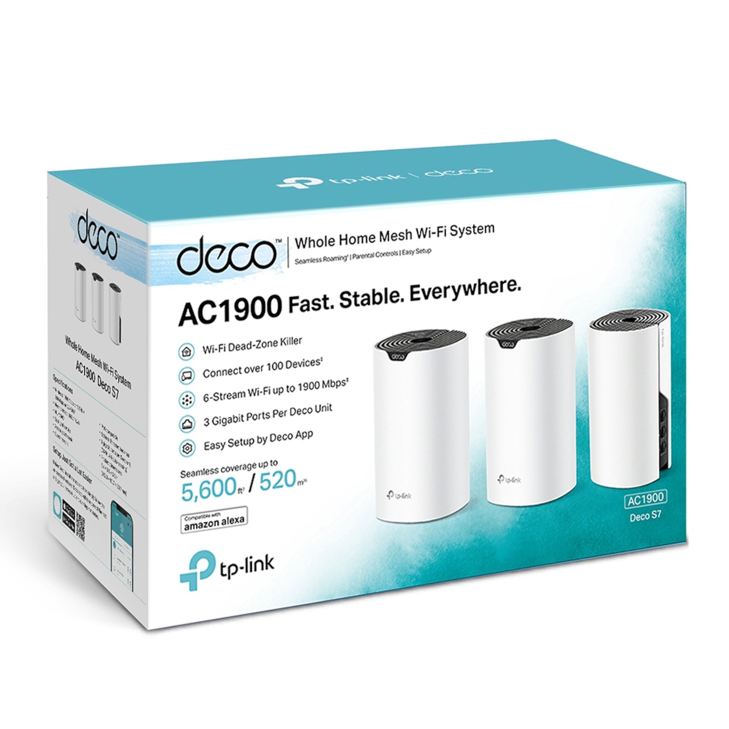 TP-Link Deco S7 Mesh-system AC1900, tre hvide Deco S7-enheder, blå/hvid TP-Link-logo, trådløs dækning vises.