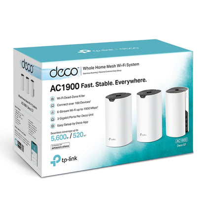 TP-Link Deco S7 Mesh-system AC1900, tre hvide Deco S7-enheder, blå/hvid TP-Link-logo, trådløs dækning vises.