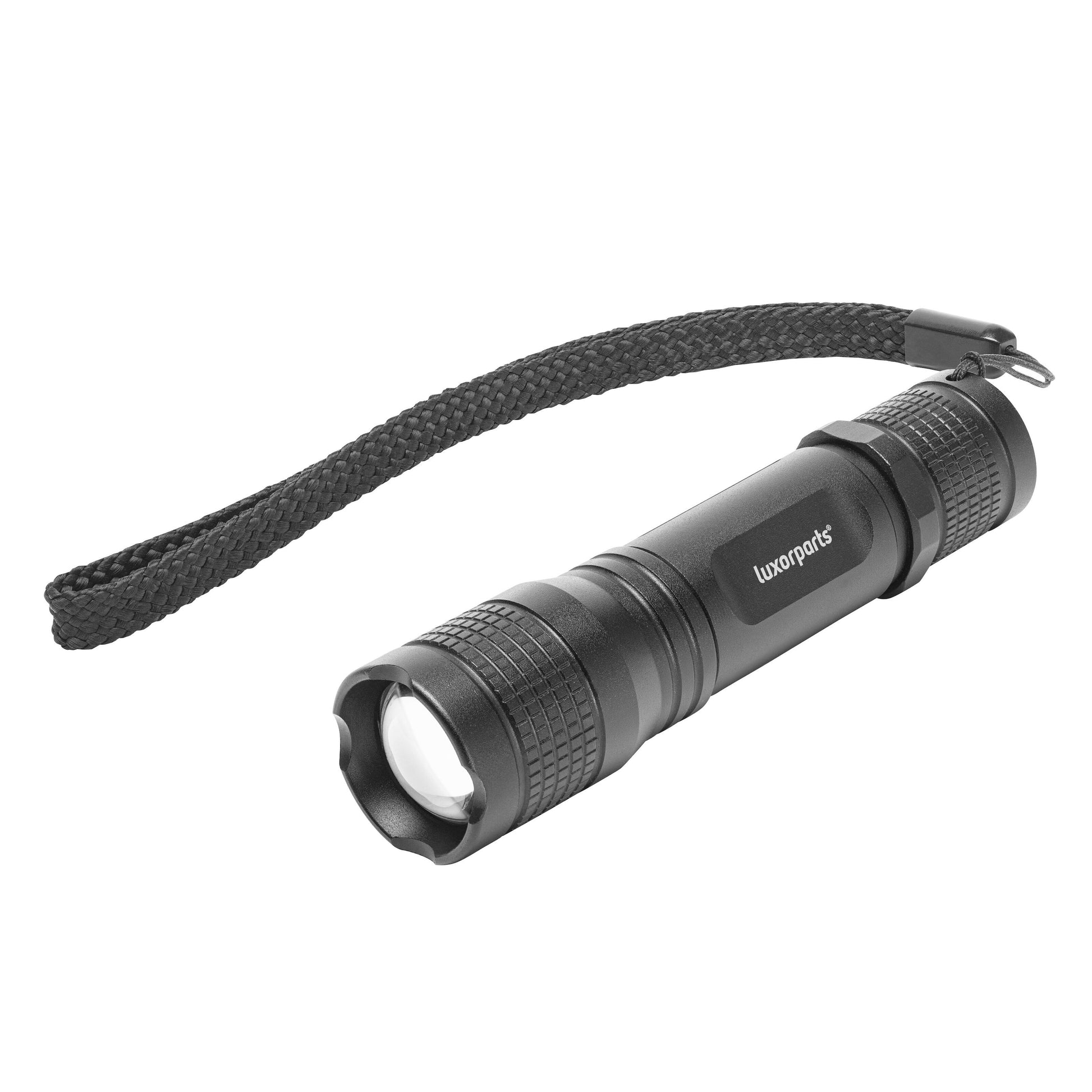 Luxorparts LED-lommelygte 150 lm sort aluminium, mønstret greb, håndledsrem, Luxorparts-logo på siden.