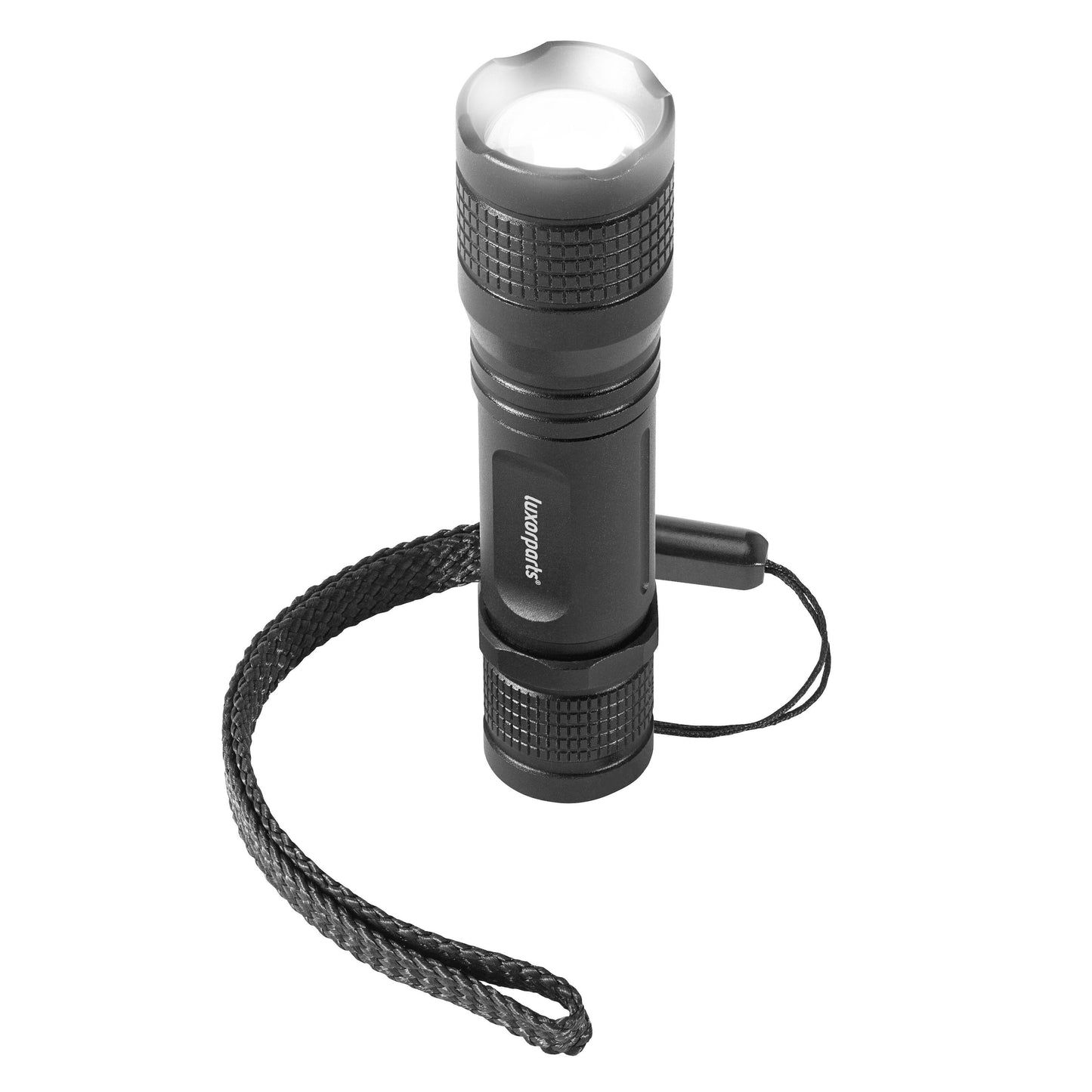 Luxorparts Lommelygte 150 lm, sort LED, kompakt med riflet greb, håndledsrem og aluminiumskabinet.