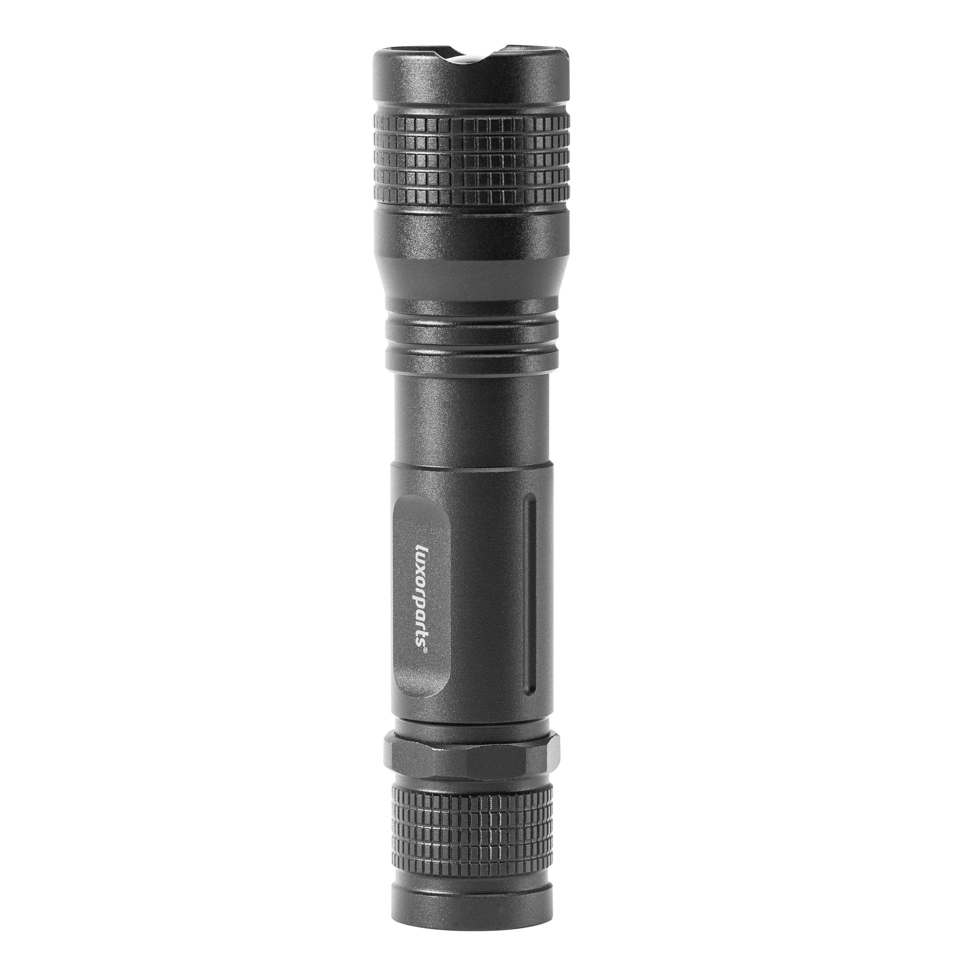 Lommelygte 150 lm sort cylinderformet aluminium med LED, tekstureret greb og sideknap.