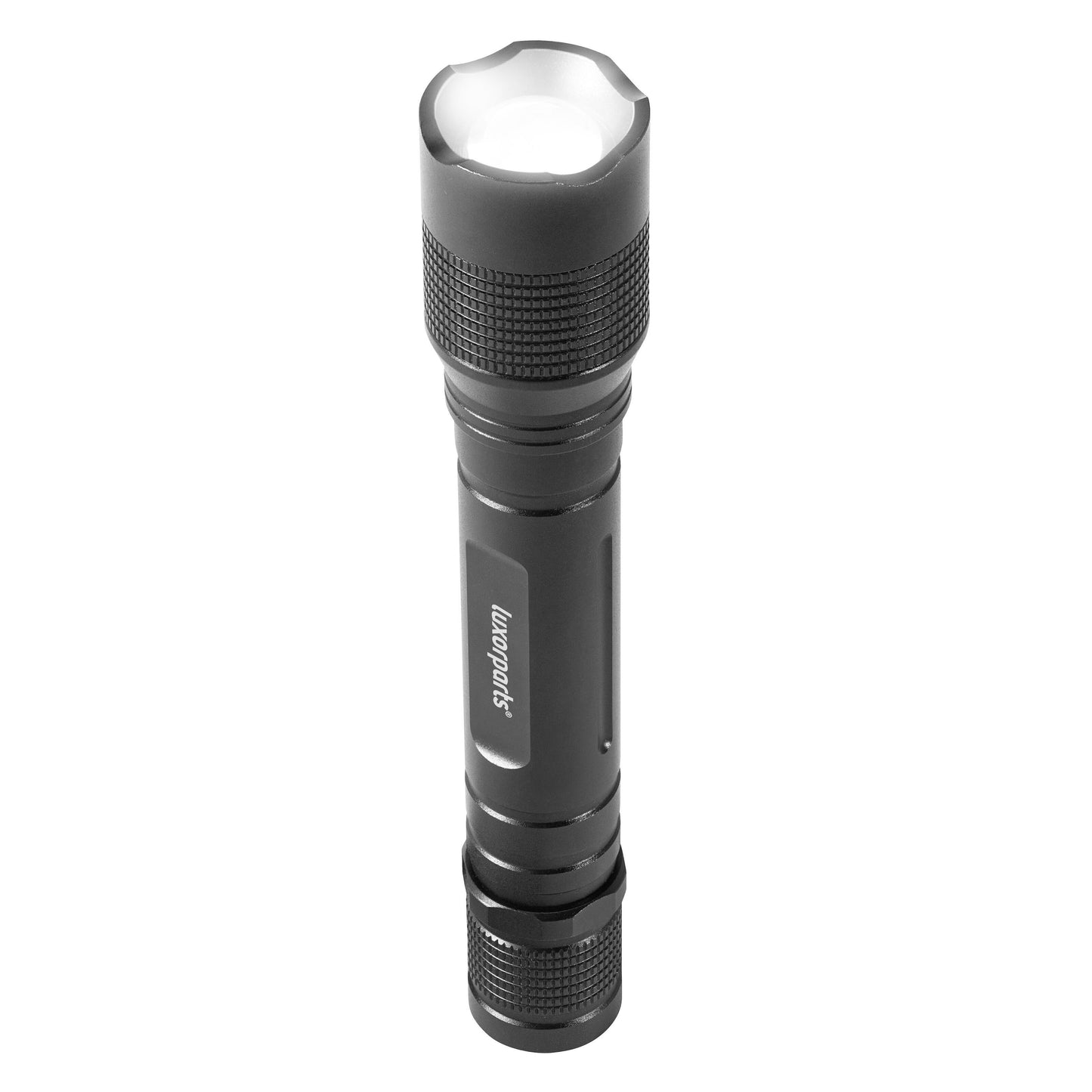 Luxorparts Lommelygte sort cylinderformet 300 lm, mønstret greb, justerbar lysstråle.